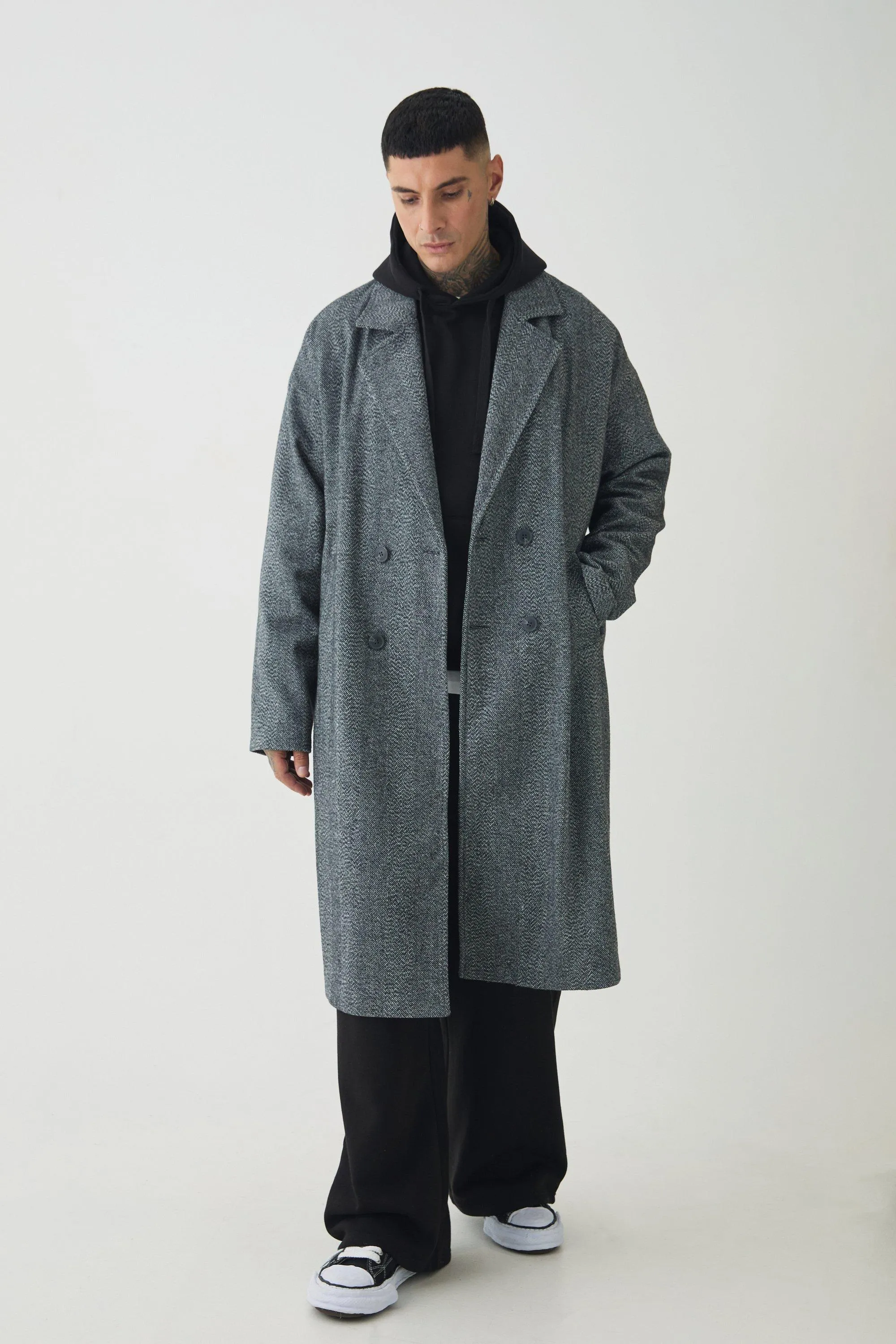 Tall Oversized Drop Shoulder Herringbone Overcoat In Grey