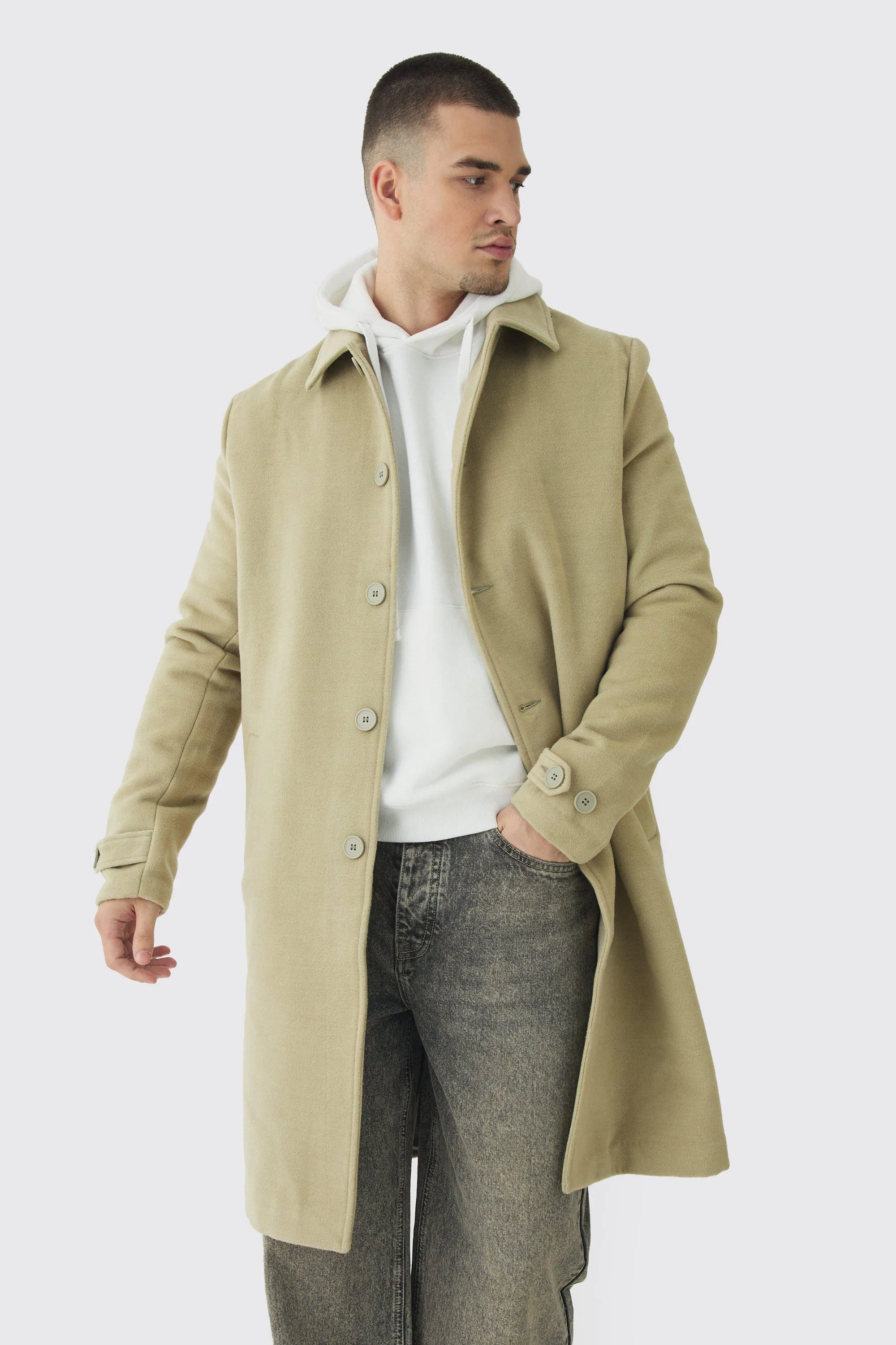 Tall Single Breasted Collared Overcoat In Sage