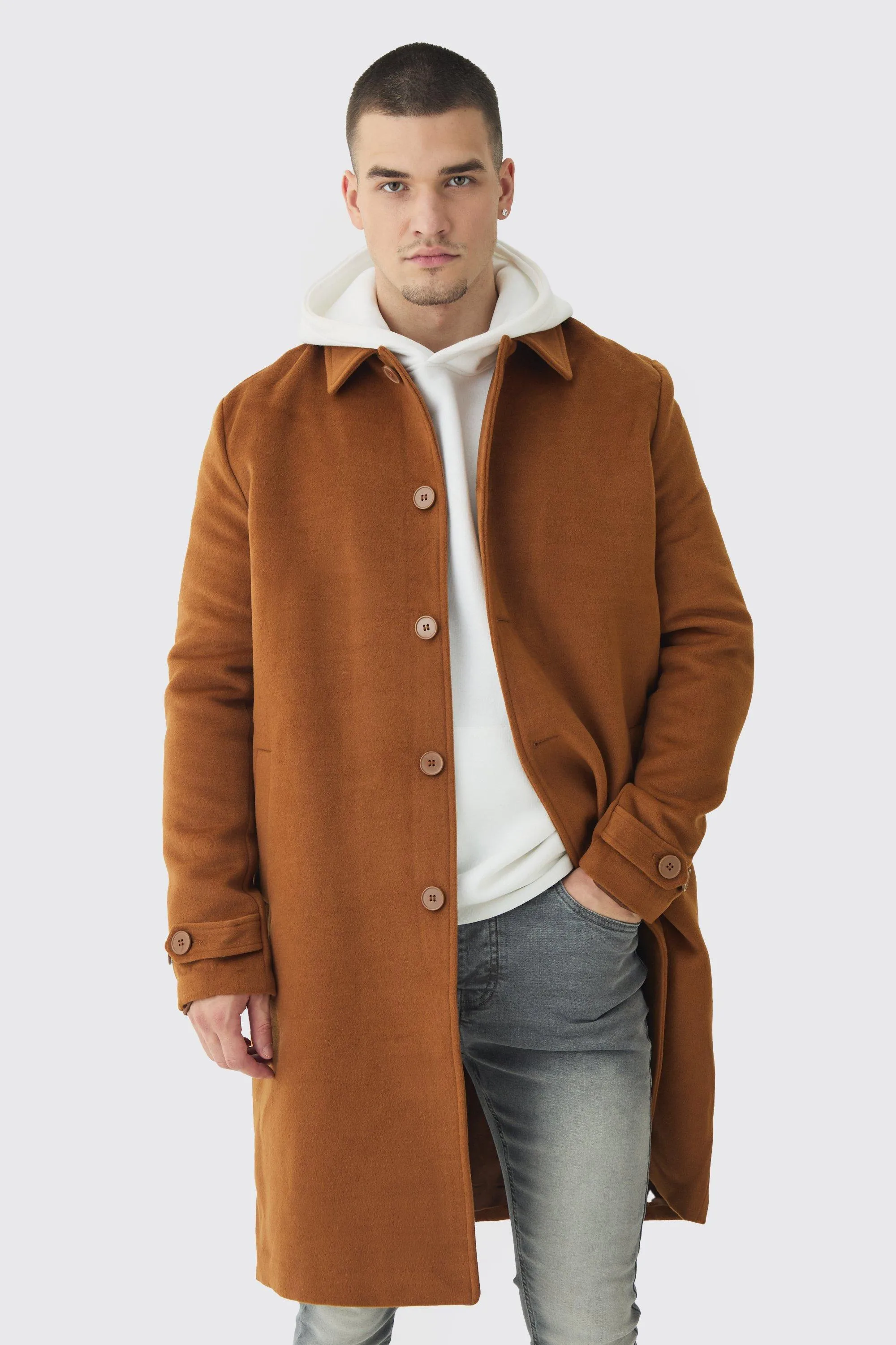 Tall Single Breasted Collared Overcoat In Tan