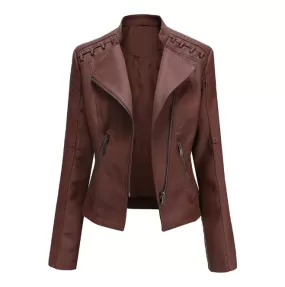 Turn-down Collar PU faux Leather Jackets Women Luxury