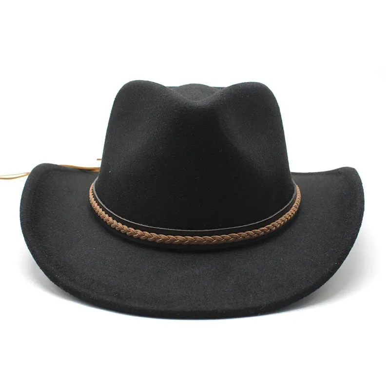 Unisex Winter Western Leather Braided Belt Roll-Up Brim Cowboy Cap