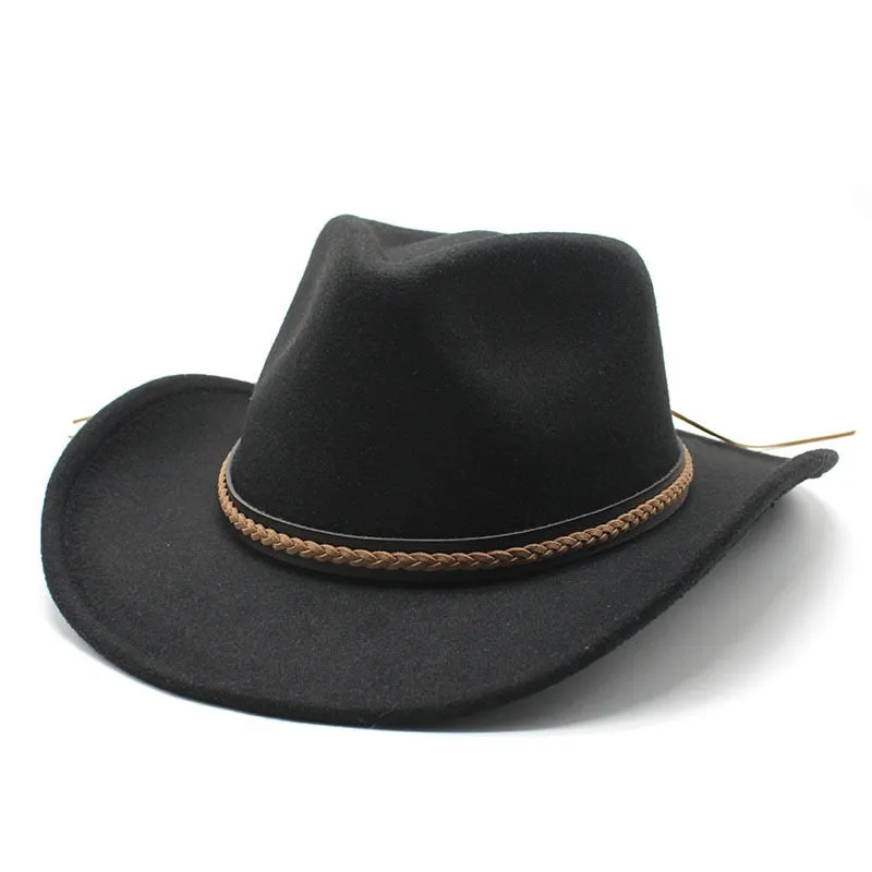 Unisex Winter Western Leather Braided Belt Roll-Up Brim Cowboy Cap