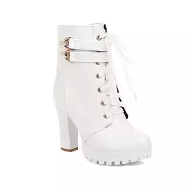 Women's Booties Buckles Lace-Up Block Chunky Heel Platform Short Boots