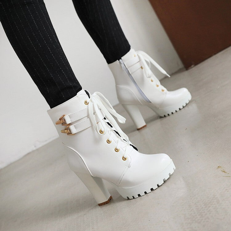 Women's Booties Buckles Lace-Up Block Chunky Heel Platform Short Boots