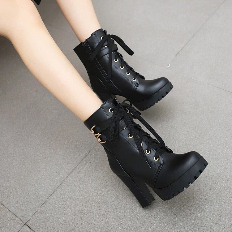 Women's Booties Buckles Lace-Up Block Chunky Heel Platform Short Boots