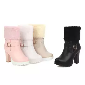 Women's Booties Fold Side Zippers Buckle Straps Block Chunky Heel Platform Short Boots