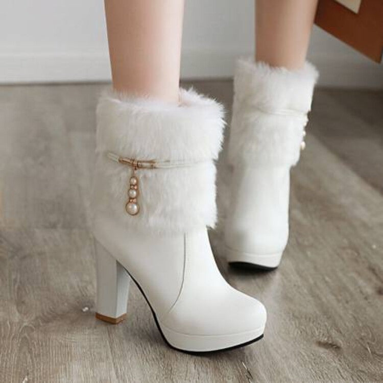 Women's Booties Fur Fold Block Chunky Heel Platform Short Boots