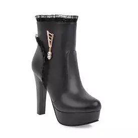 Women's Booties Lace Rhinestone Side Zippers Block Chunky Heel Platform Short Boots