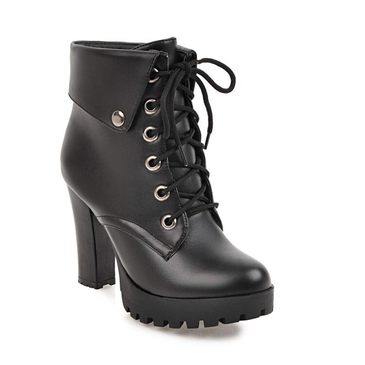 Women's Booties Lace-Up Block Chunky Heel Fold Platform Short Boots