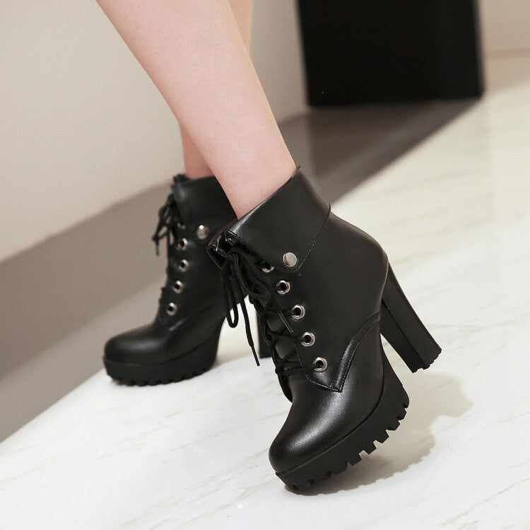 Women's Booties Lace-Up Block Chunky Heel Fold Platform Short Boots