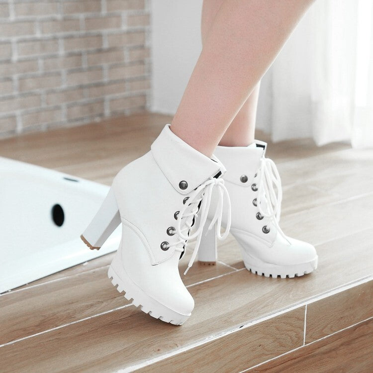 Women's Booties Lace-Up Block Chunky Heel Fold Platform Short Boots