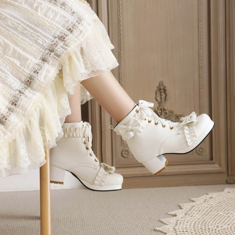 Women's Booties Lolita Bows Lace-Up Block Chunky Heel Platform Short Boots