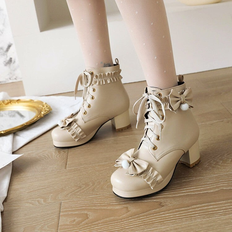 Women's Booties Lolita Bows Lace-Up Block Chunky Heel Platform Short Boots