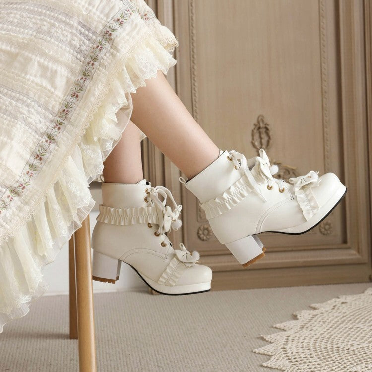 Women's Booties Lolita Lace-Up Bows Block Chunky Heel Platform Short Boots