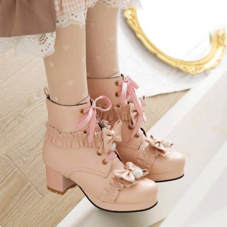 Women's Booties Lolita Lace-Up Bows Block Chunky Heel Platform Short Boots