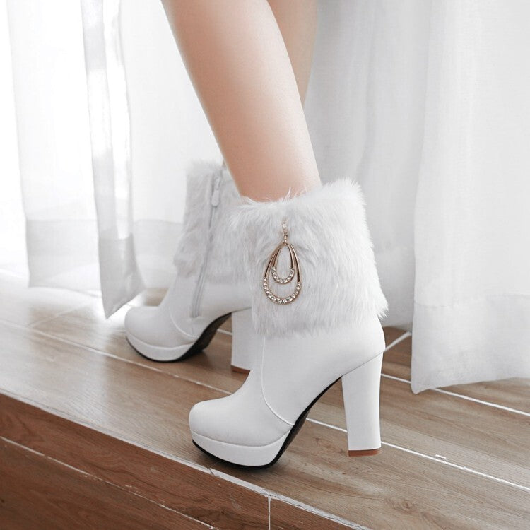 Women's Booties Round Toe Fold Fur Block Chunky Heel Platform Short Boots