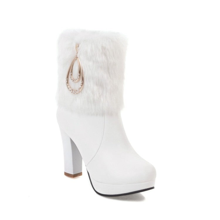 Women's Booties Round Toe Fold Fur Block Chunky Heel Platform Short Boots