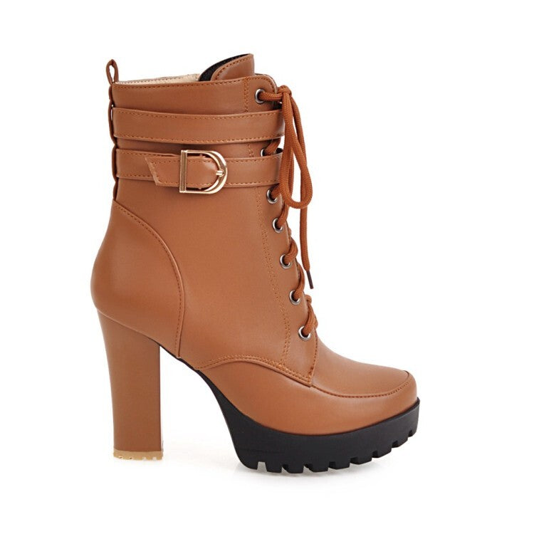 Women's Booties Round Toe Lace-Up Block Chunky Heel Platform Short Boots