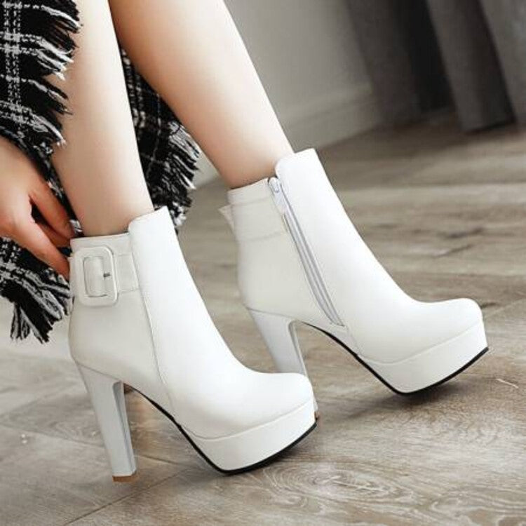 Women's Booties Side Zippers Square Buckles Block Chunky Heel Platform Short Boots