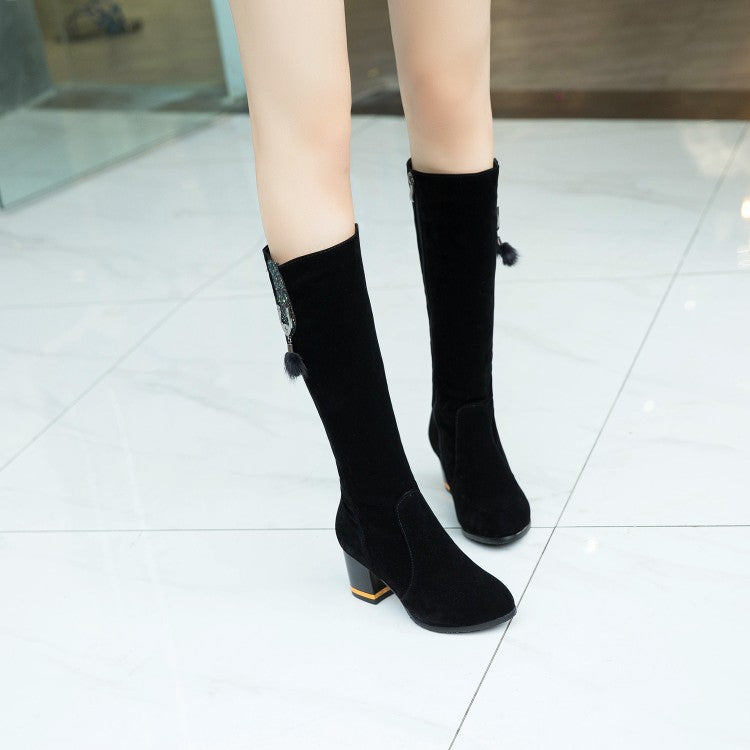 Women's Flock Fur Ball Block Chunky Heel Knee High Boots