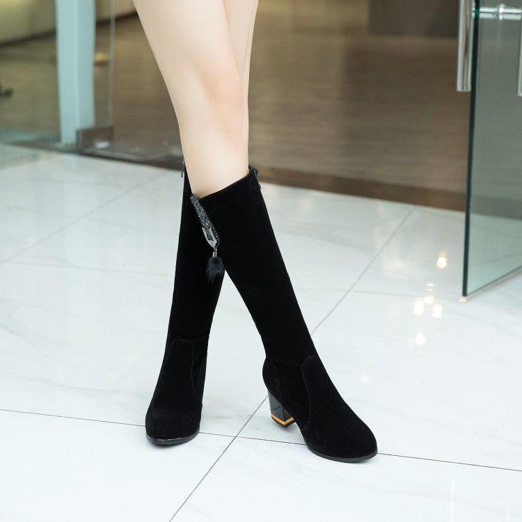 Women's Flock Fur Ball Block Chunky Heel Knee High Boots