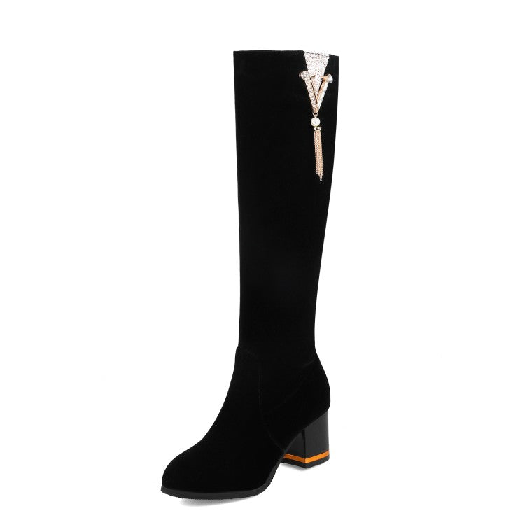 Women's Flock Rhinestone Tassel Side Zippers Block Chunky Heel Knee High Boots