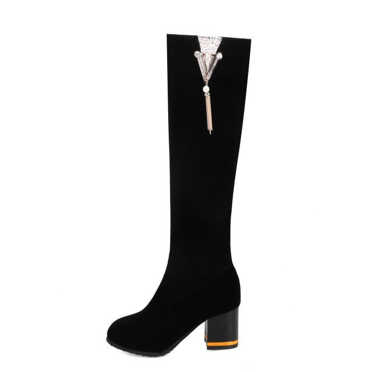 Women's Flock Rhinestone Tassel Side Zippers Block Chunky Heel Knee High Boots