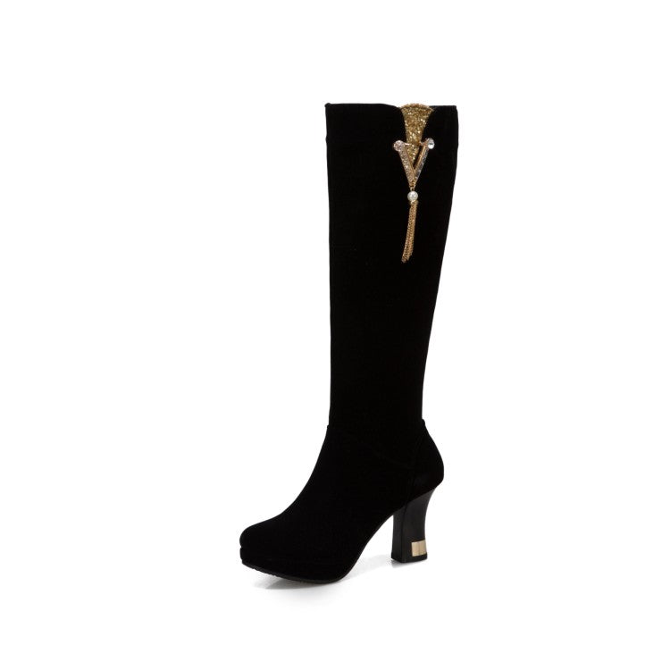 Women's Flock Rhinestone Tassel Spool Heel Platform Knee High Boots