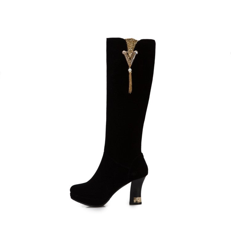 Women's Flock Rhinestone Tassel Spool Heel Platform Knee High Boots