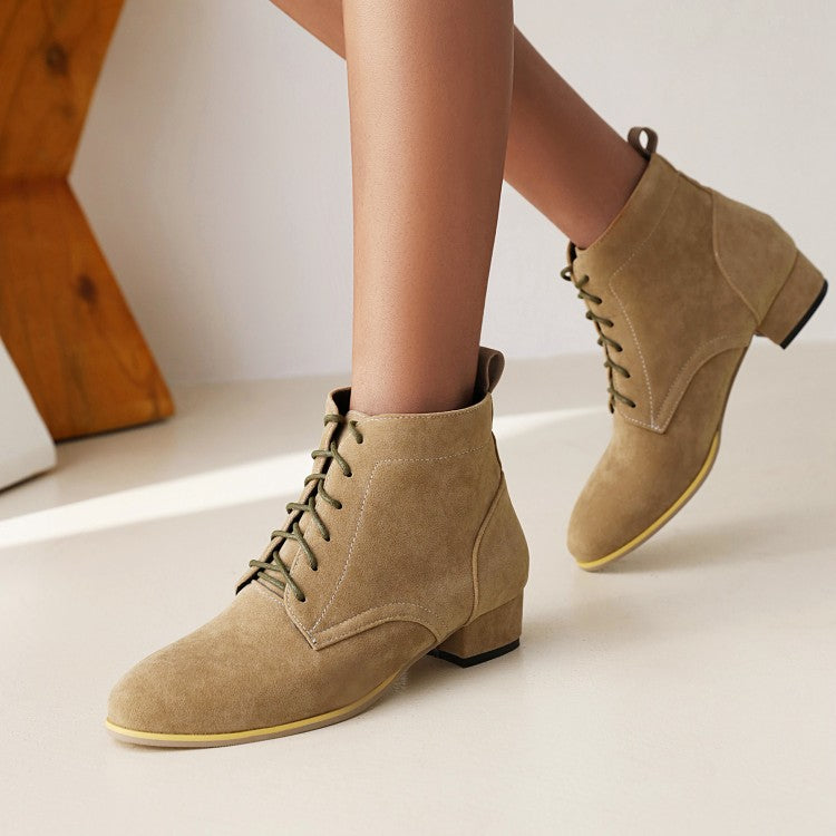 Women's Flock Round Toe Lace Up Block Chunky Heel Short Boots