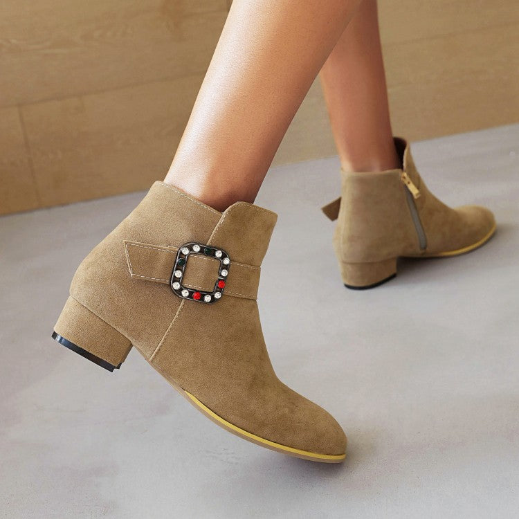 Women's Flock Round Toe Side Zippers Rhinestone Buckle Straps Block Chunky Heel Short Boots