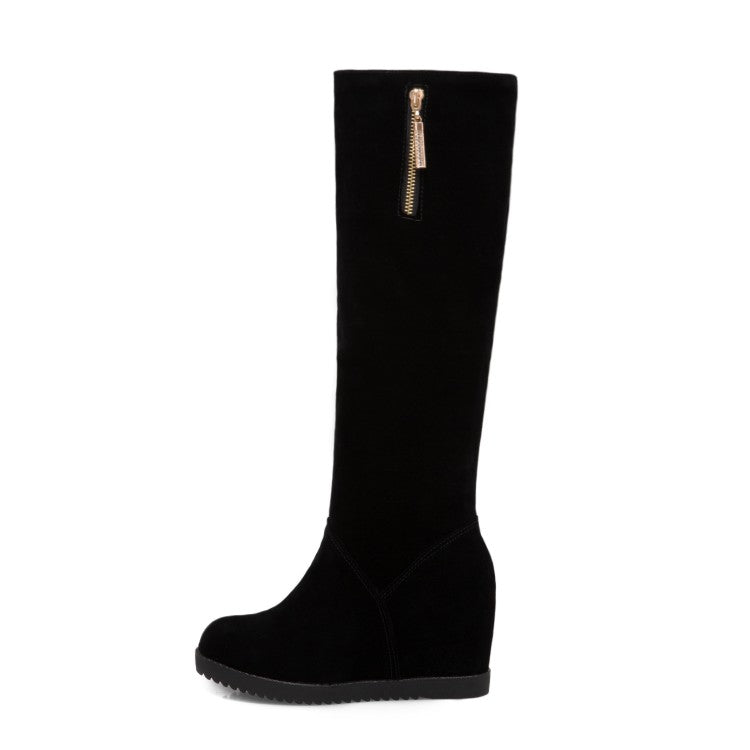 Women's Flock Round Toe Zippers Wedge Heel Knee High Boots