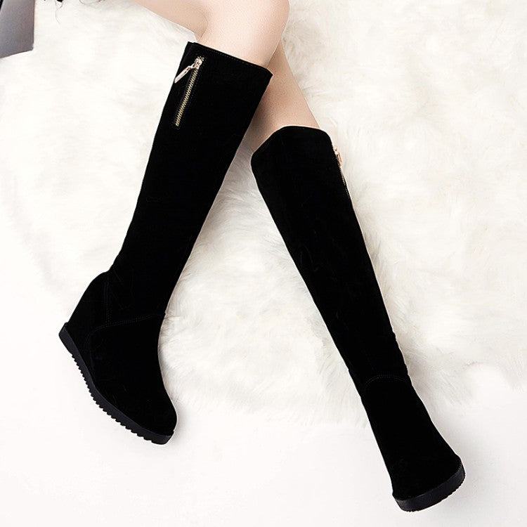 Women's Flock Round Toe Zippers Wedge Heel Knee High Boots