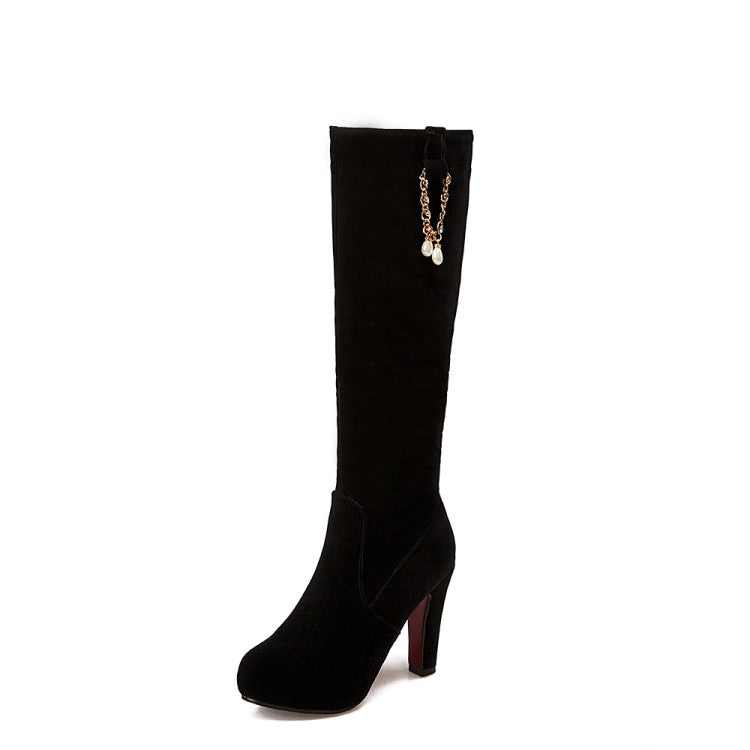 Women's Flock Side Zippers Pearls Chains Block Chunky Heel Platform Knee High Boots