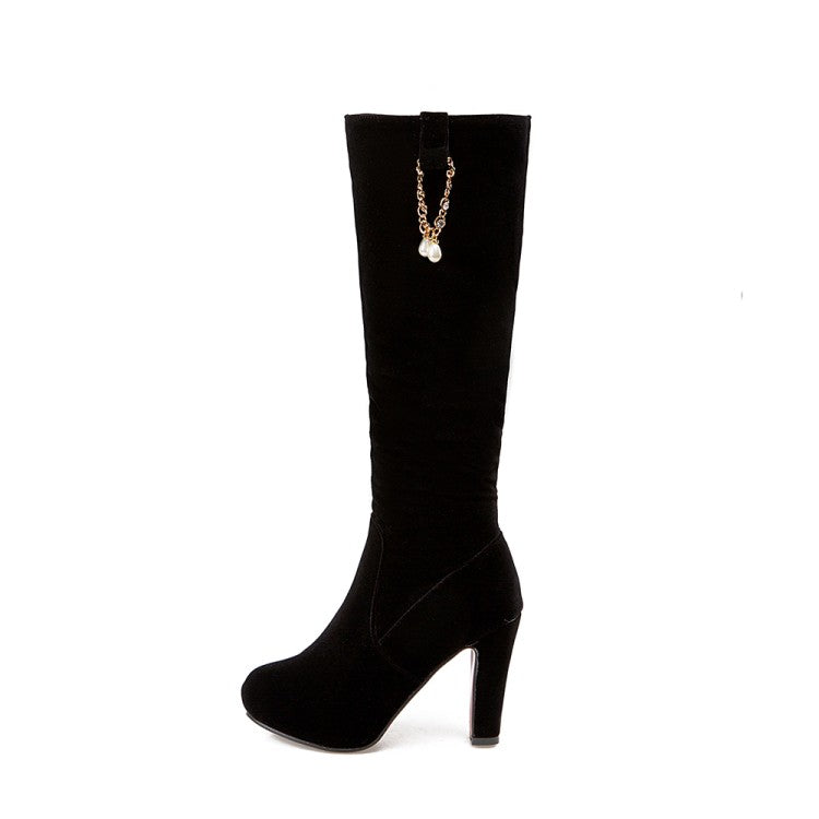 Women's Flock Side Zippers Pearls Chains Block Chunky Heel Platform Knee High Boots