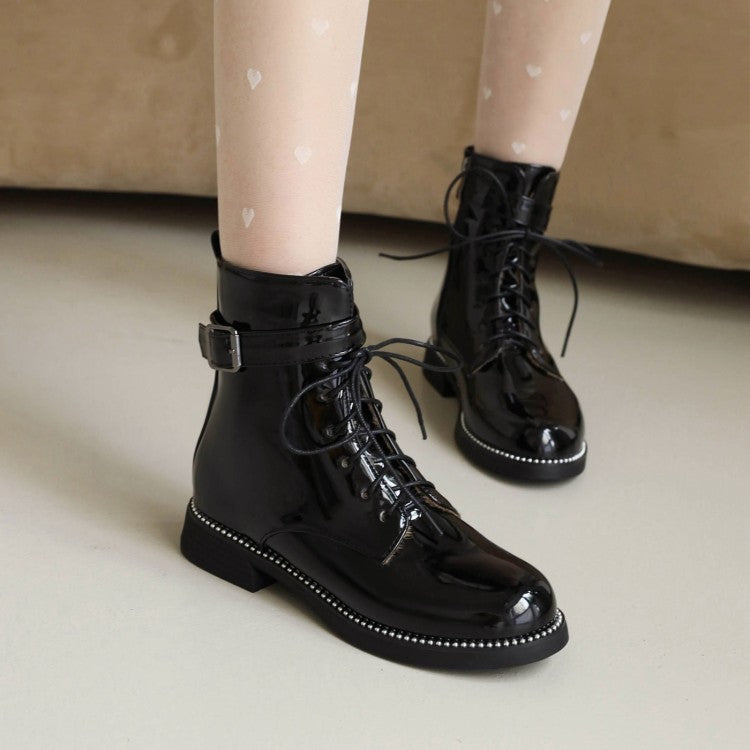 Women's Glossy Round Toe Lace Up Buckle Straps Stitch Short Boots