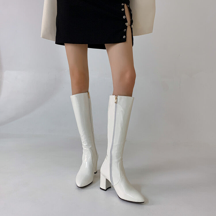 Women's Glossy Side Zippers Block Chunky Heel Knee High Boots