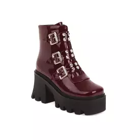 Women's Glossy Square Toe Rivets Buckle Straps Block Chunky Heel Platform Short Boots