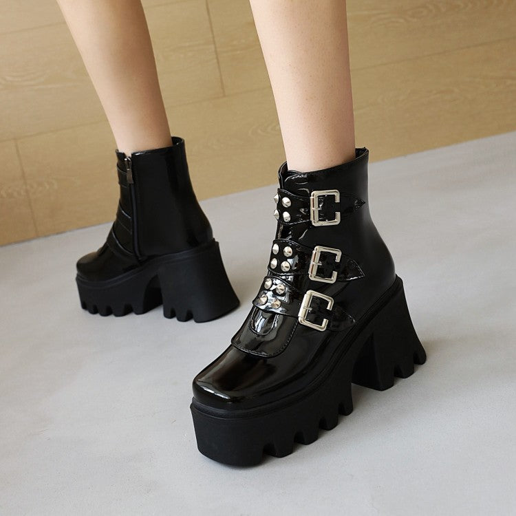 Women's Glossy Square Toe Rivets Buckle Straps Block Chunky Heel Platform Short Boots