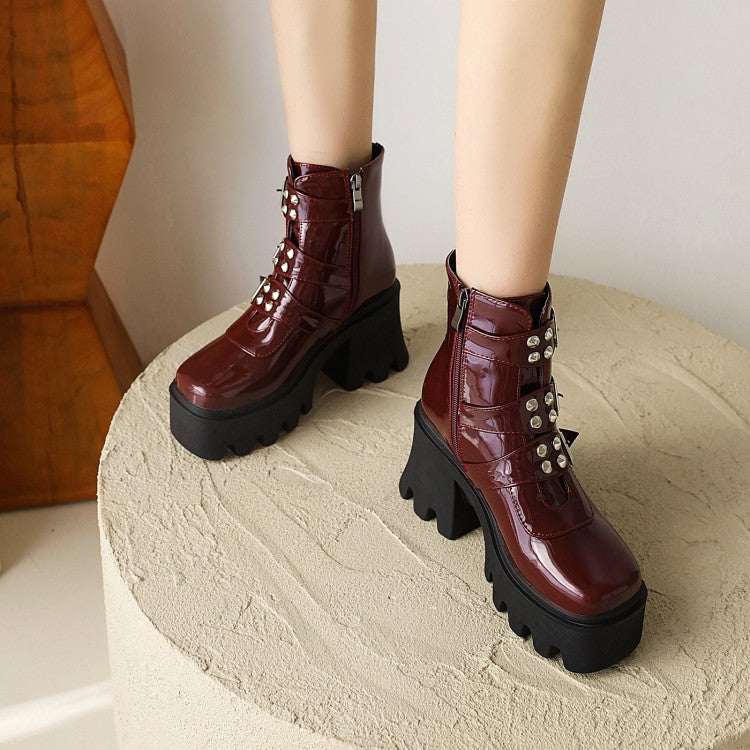 Women's Glossy Square Toe Rivets Buckle Straps Block Chunky Heel Platform Short Boots