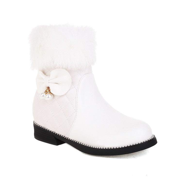 Women's Lattice Pu Leather Furry Pearls Bow Tie Short Boots