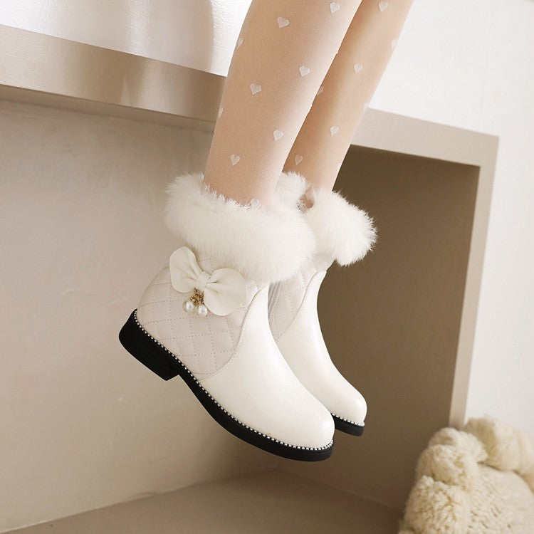 Women's Lattice Pu Leather Furry Pearls Bow Tie Short Boots