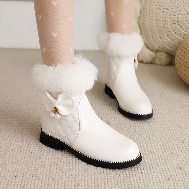 Women's Lattice Pu Leather Furry Pearls Bow Tie Short Boots