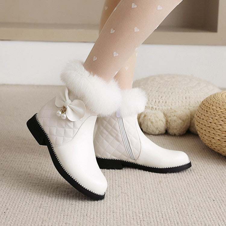 Women's Lattice Pu Leather Furry Pearls Bow Tie Short Boots