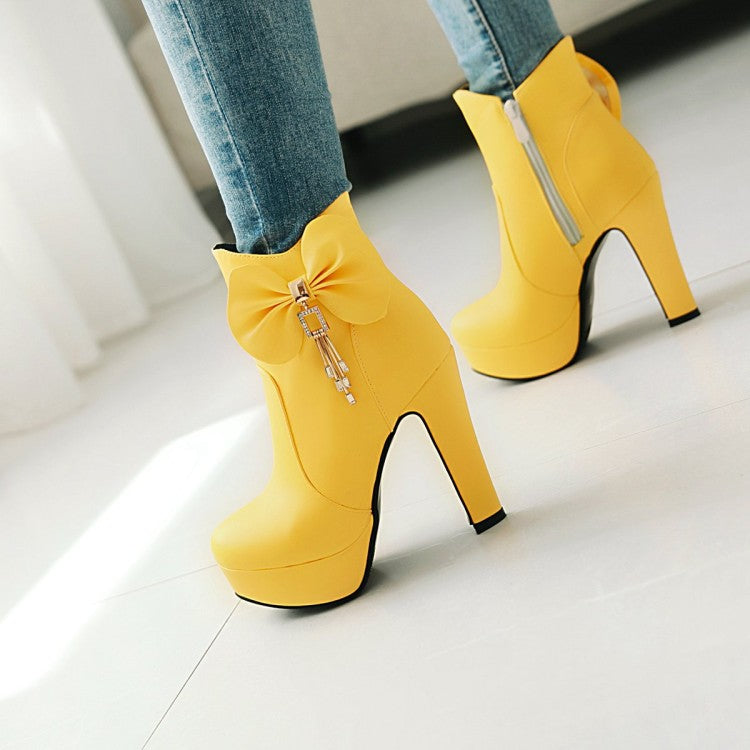 Women's Pu Leather Almond Toe Bow Tie Tassel Block Chunky Heel Platform Short Boots