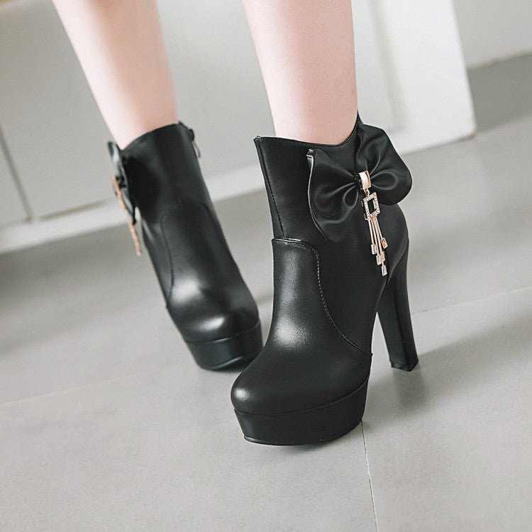 Women's Pu Leather Almond Toe Bow Tie Tassel Block Chunky Heel Platform Short Boots