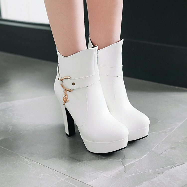 Women's Pu Leather Almond Toe Buckle Straps Block Chunky Heel Side Zippers Platform Short Boots