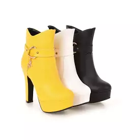 Women's Pu Leather Almond Toe Buckle Straps Block Chunky Heel Side Zippers Platform Short Boots