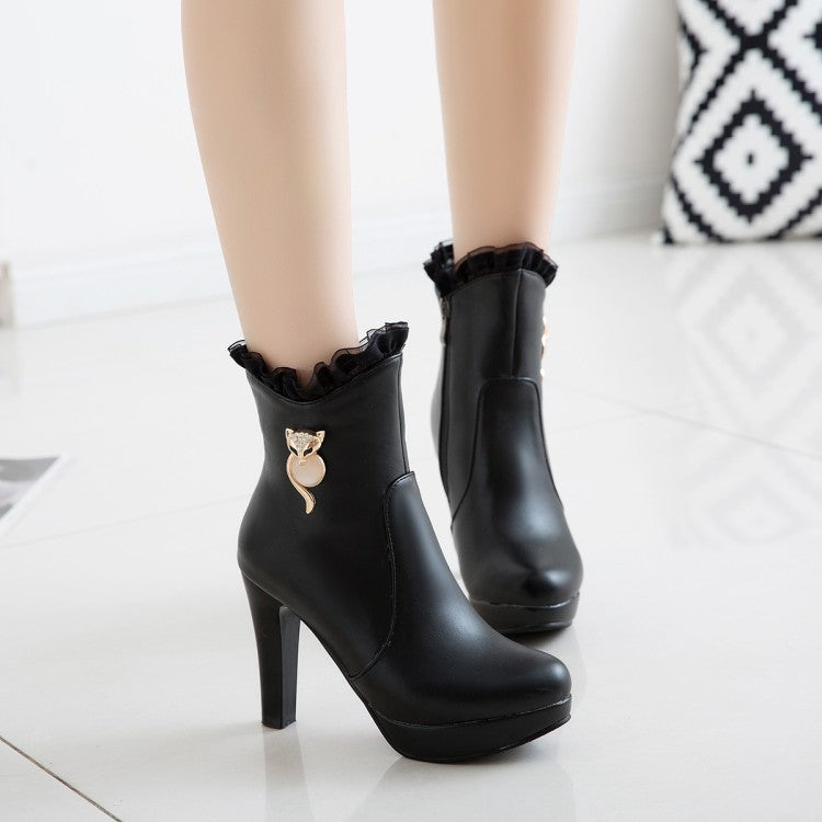 Women's Pu Leather Almond Toe Lace Side Zippers Rhinestone Block Chunky Heel Platform Short Boots