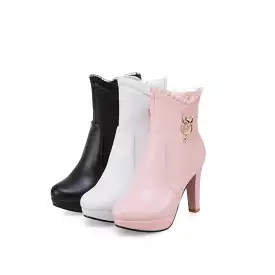 Women's Pu Leather Almond Toe Lace Side Zippers Rhinestone Block Chunky Heel Platform Short Boots